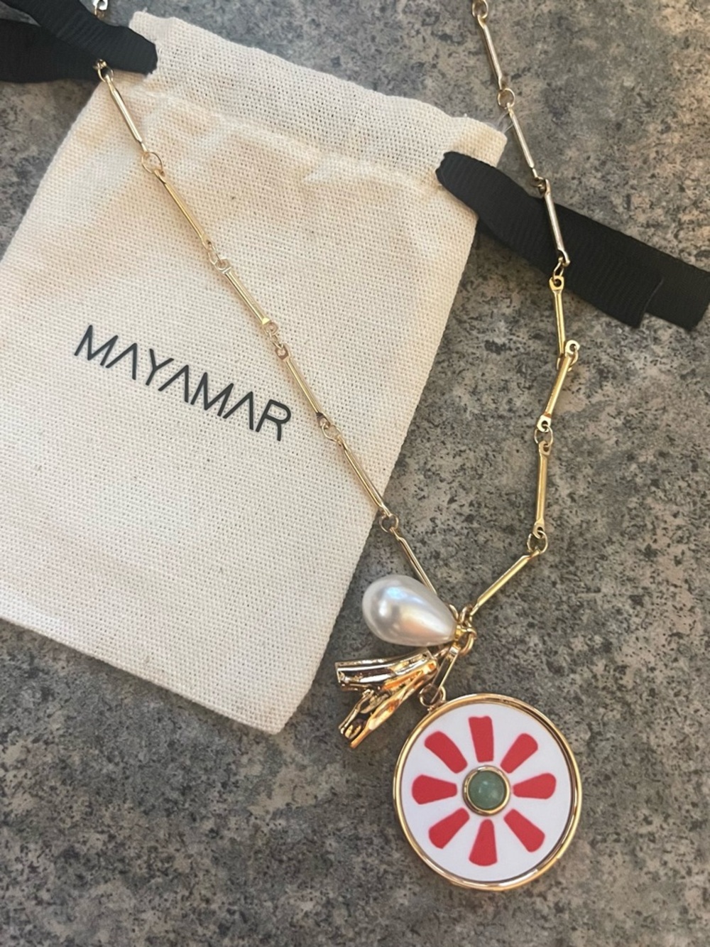 Gold-Tone Pendant Necklace with Red Flower and Pearl Charm by Mayamar
